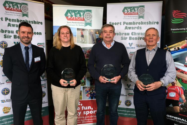 Unsung Hero - Pictured is winner Kevin Jenkins with finalists Claire Mantripp and Graham Thomas and Matt Freeman of Sport Pembrokeshire. 