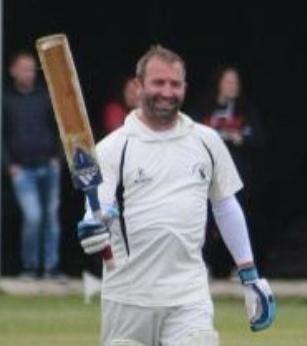 Gavin celebrates his century against Haverfordwest at  Neyland