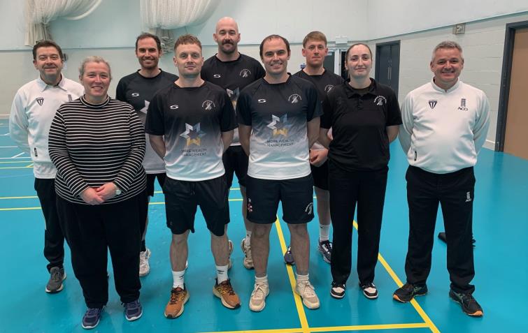 Champions Neyland with scorers Sarah and Kacey Arran, Johnny Lewis, Huw Simpkins and Neill Crawshaw