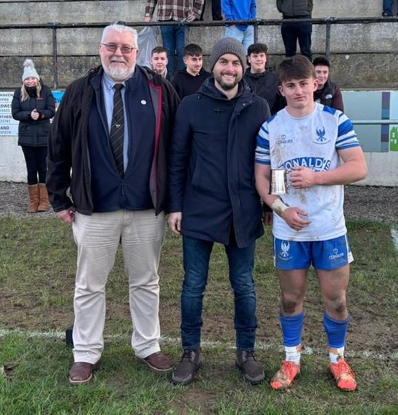 Ifan Williams collects the man of the match from Roy Maggi and  Mike John. Picture William John