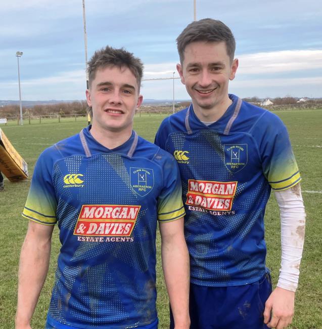 Aberaeron try scorer Gethin Jenkins and skipper Morgan Llewellyn