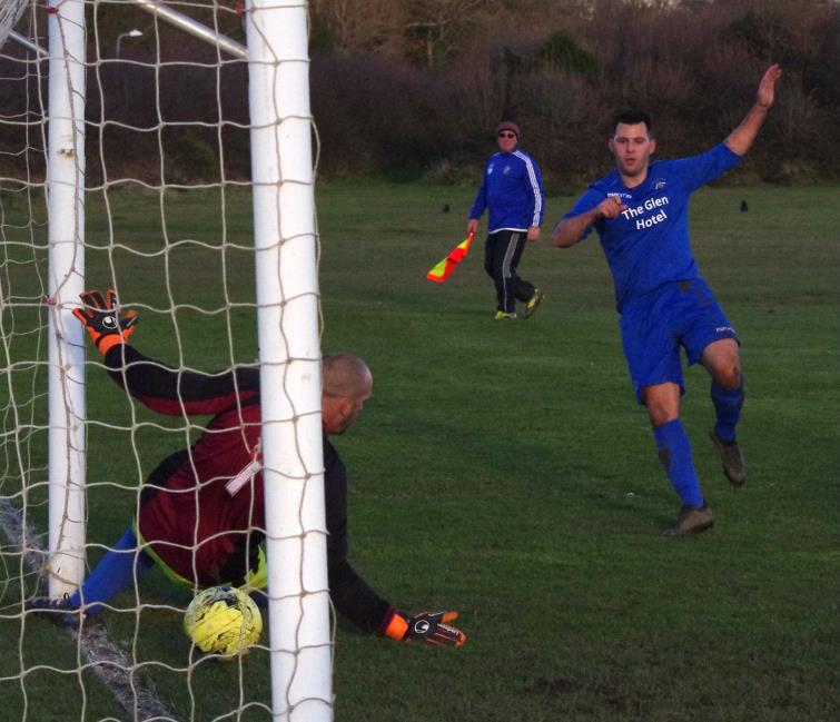 Merlins Bridges Steve McNabney scores against The Swifts