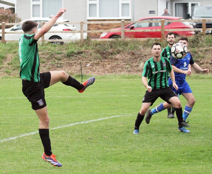 Hakin hat-trick hero  Ashley Bevan scores against Kilgetty. Picture Susan McKehon