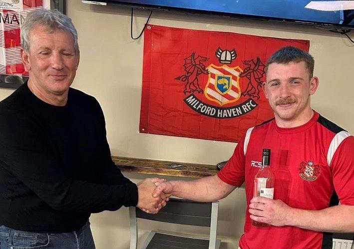 Ieuan Davies -  man of the match for Milford Haven with sponsor Brian Taylor