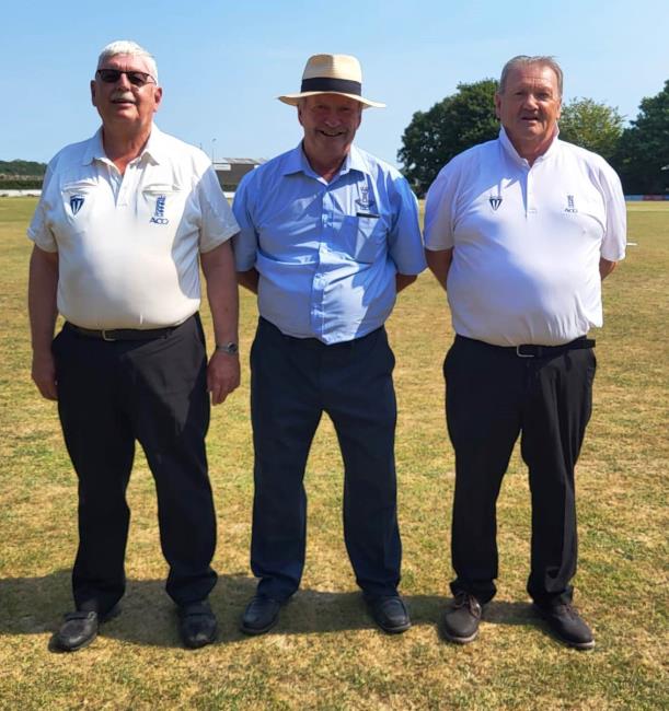 Umpires - Trefor Evans and Chris Stapleton - with man of the match adjudicator Steve Blowes