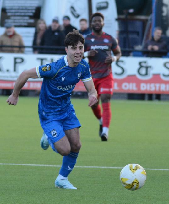 Two-goal hero Dan Hawkins in action for the Bluebirds against Bala Town